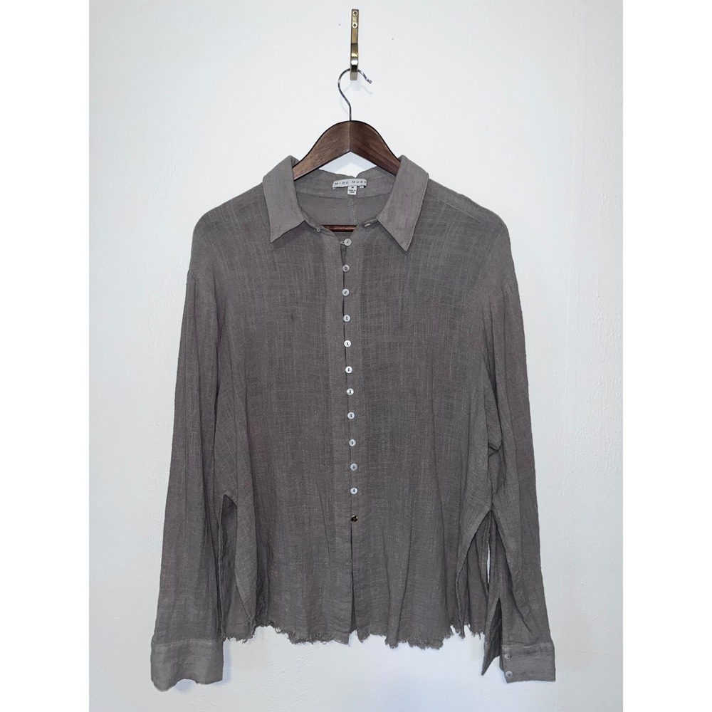Miou Muse Gray Button Down Gauze Shirt Raw Hem Long Sleeve Blouse Medium